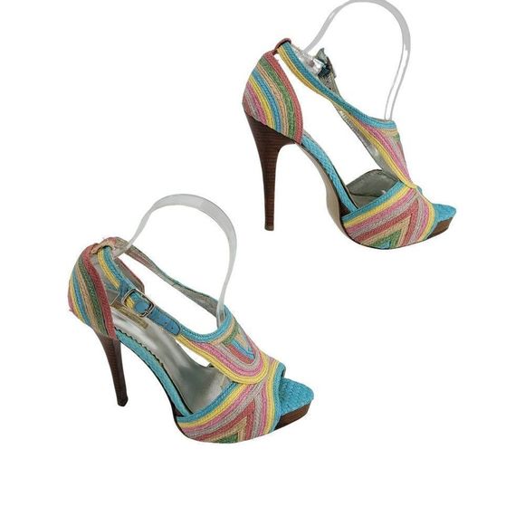 Report Signature Stiletto Heels 8 Pastel Rainbow Stripped Vegan Raffia Wood Heel - Picture 6 of 13